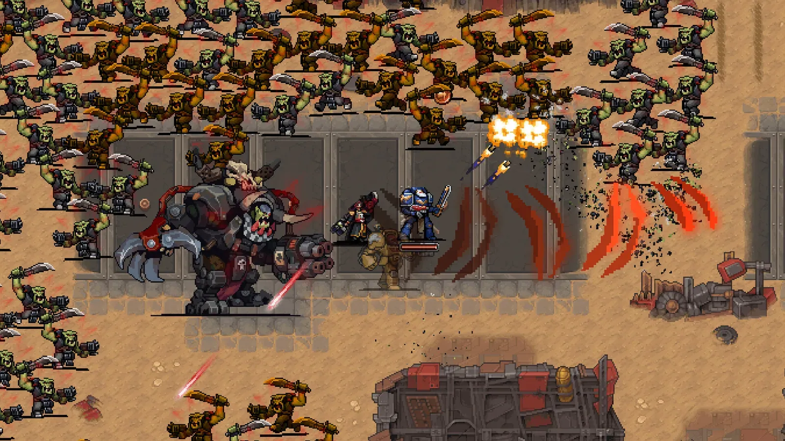 Warhammer Survivors Ork battle with melee and ranged effects filling the screen