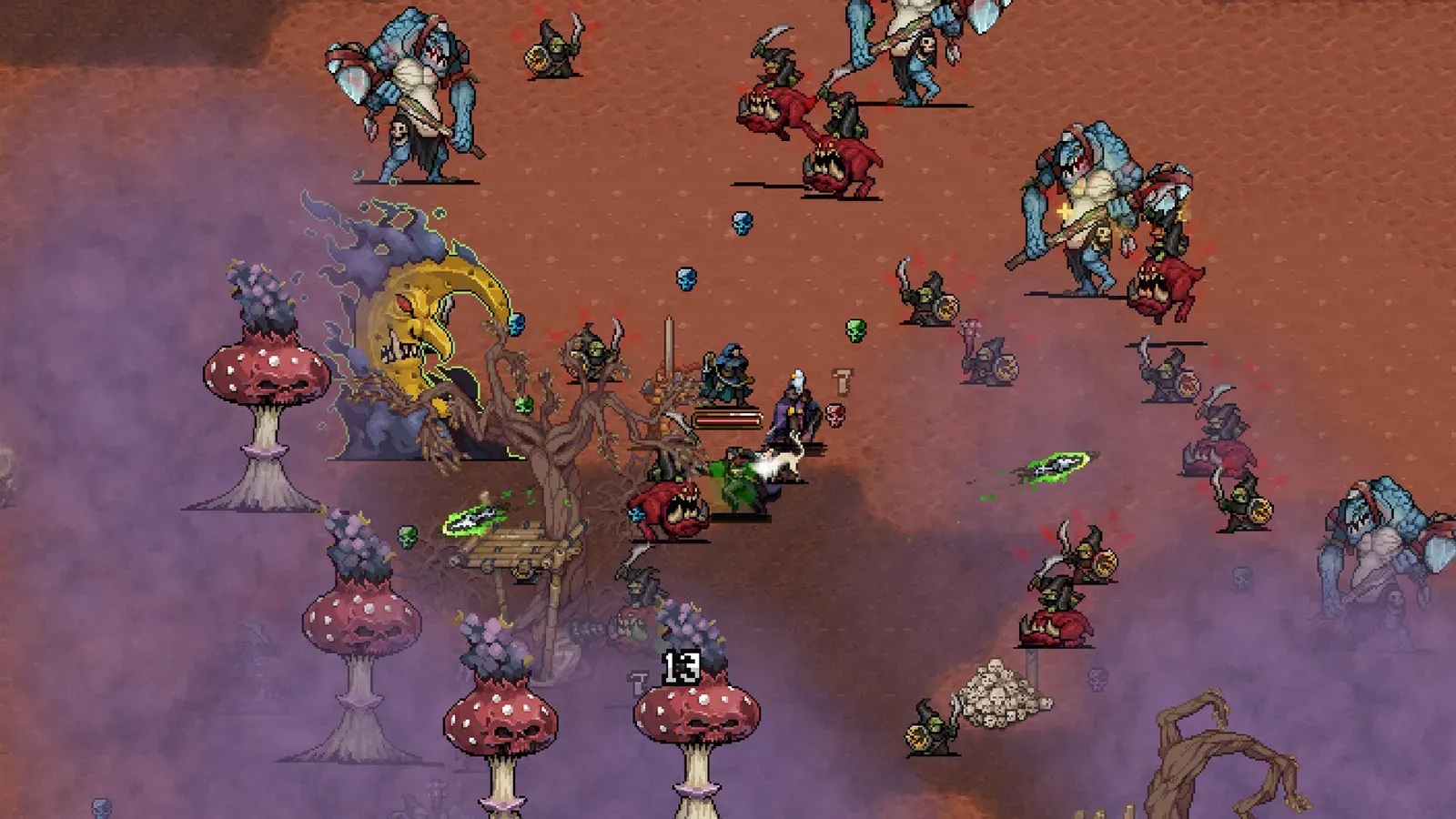 Warhammer Survivors battle with fire and status effects across a Tyranid battlefield