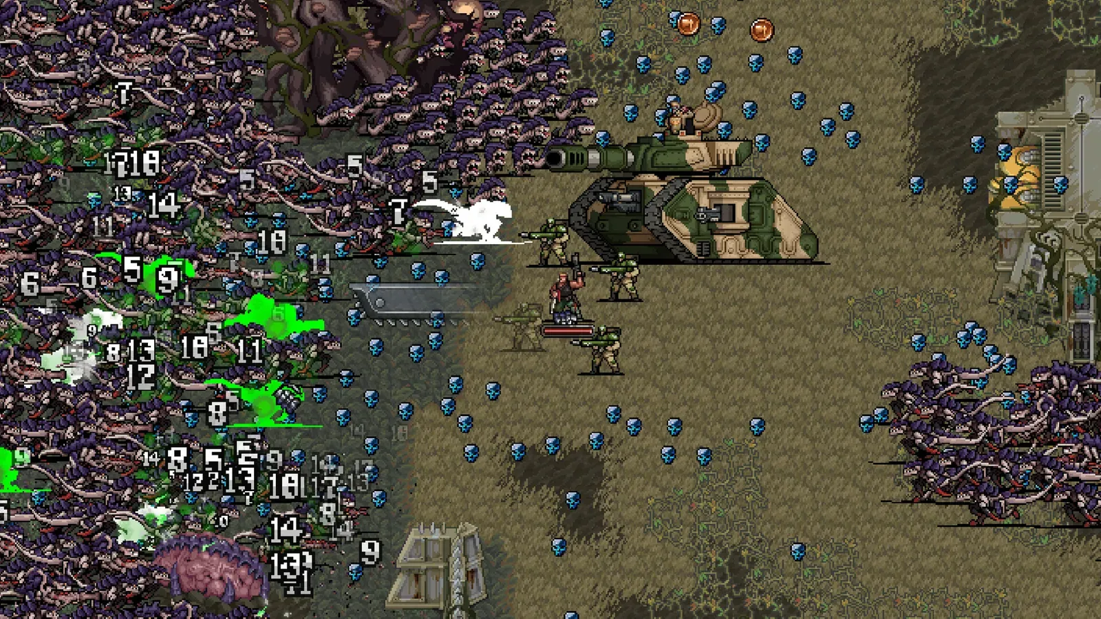 Warhammer Survivors battlefield with pick-ups and experience skulls scattered around a champion