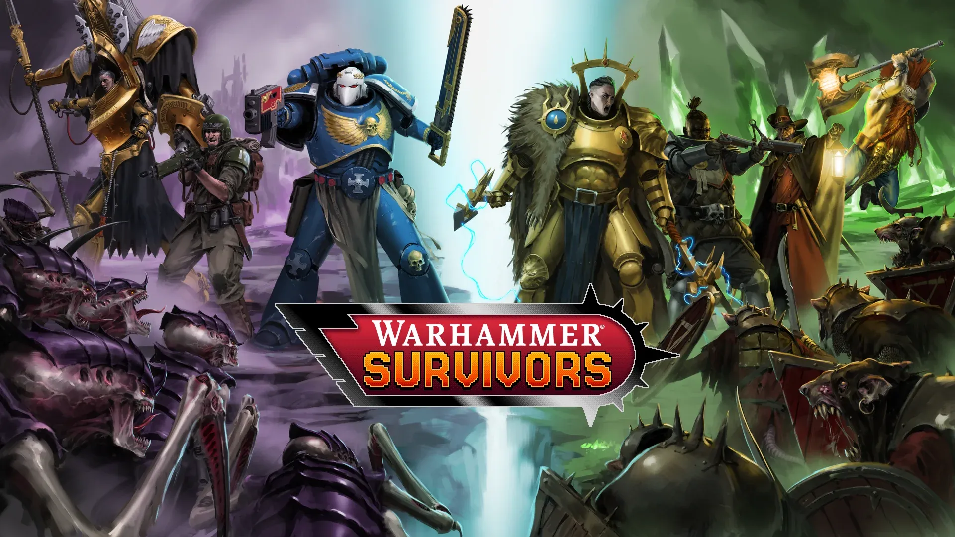 Official Warhammer Survivors key art with champions from Warhammer 40,000 and Age of Sigmar
